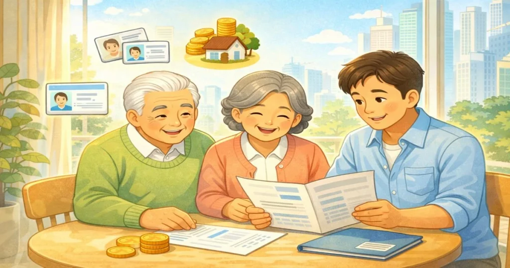 기초연금과 노령연금을 함께 받는 노후 생활을 표현한 이미지