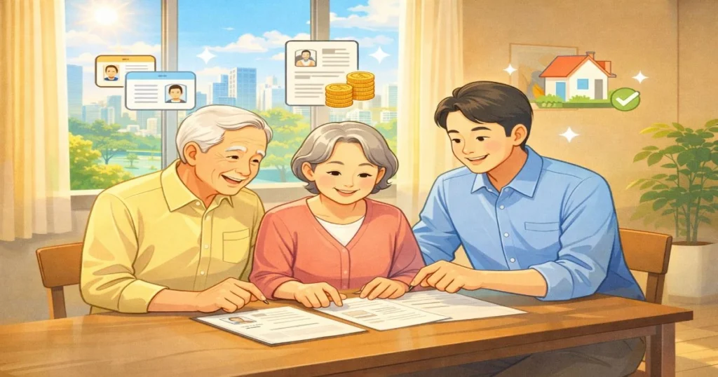기초연금과 노령연금 수급자격을 함께 확인하는 부모와 자녀 이미지